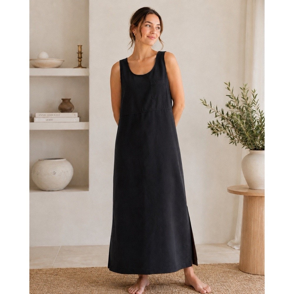 Vintage Erika & Co Black Cottage Tie Back Midi Dress Sz Medium Cotton Twill